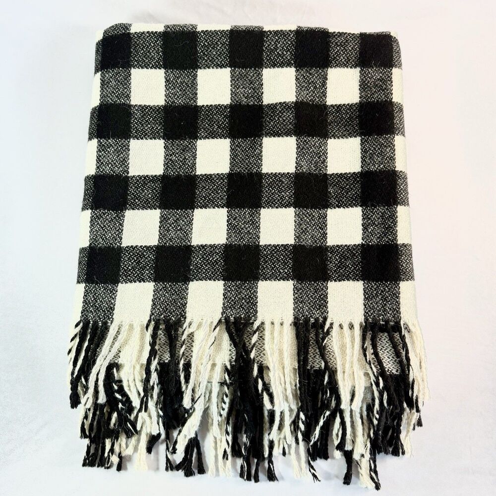 Ralph Lauren Black & Cream Buffalo Plaid Wool Alpaca Blend Fringed Throw Blanket